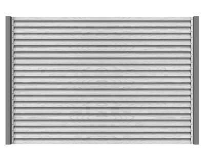 Секция из ламелей Еврожалюзи для заборов типа жалюзи цвет Printech под дерево Беленый Дуб с металлическими столбами анфас